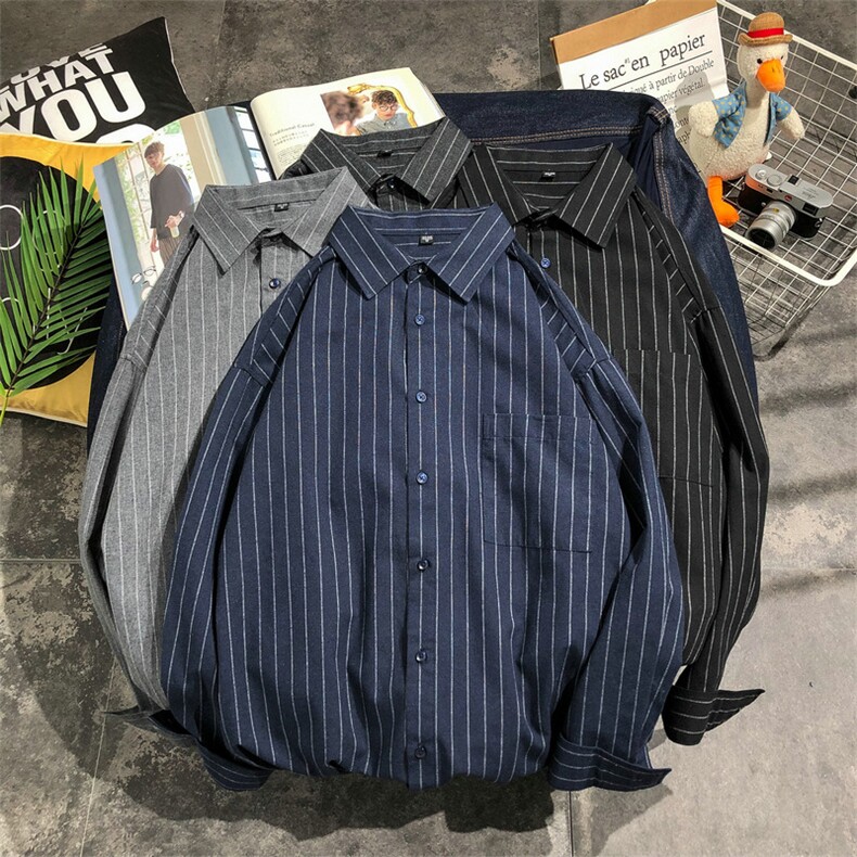 男士秋季衬衫长袖休闲韩版潮流宽松条纹衬衣外套DF07T,男装衬衫,电商A102