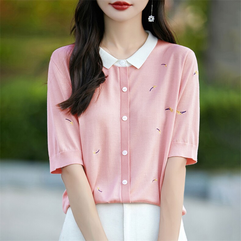 洋气减龄娃娃领刺绣针织薄T恤女拼色POLO领正肩半袖百搭翻领上衣,针织衫/毛衣,暖烁羊绒