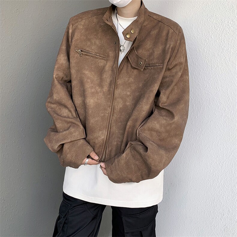 美式复古做旧棕色机车服皮衣外套男春秋小众设计感短款垫肩夹克衫,男装夹克,星座505-2（原电商A260-1)
