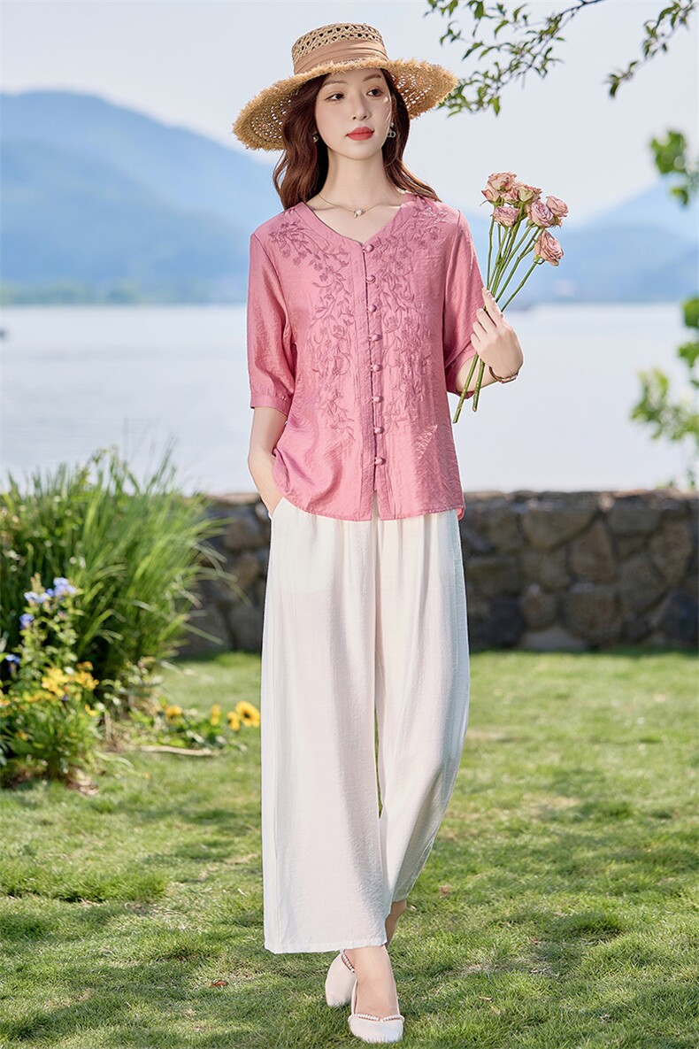 复古文艺天丝麻套装女2025夏季新款时尚绣花圆领衬衣阔腿裤两件套,女装套装/套裙,木橙西子