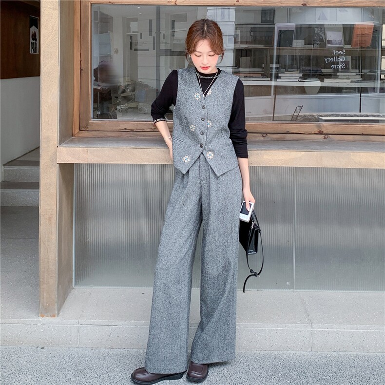 秋季马甲阔腿裤时尚两件套女，女装套装/套裙，秋水欣儿
