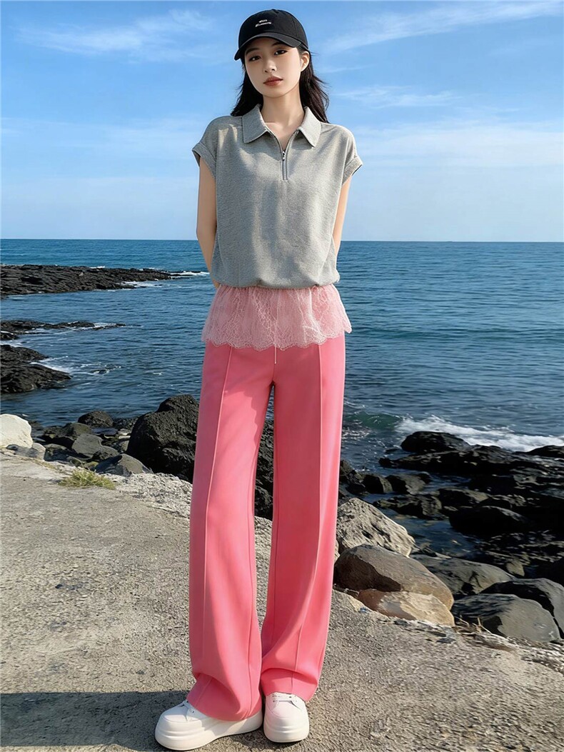女夏季新款欧韩时尚休闲运动套装蕾丝拼接短袖高腰阔腿长裤两件套,女装套装/套裙,江南