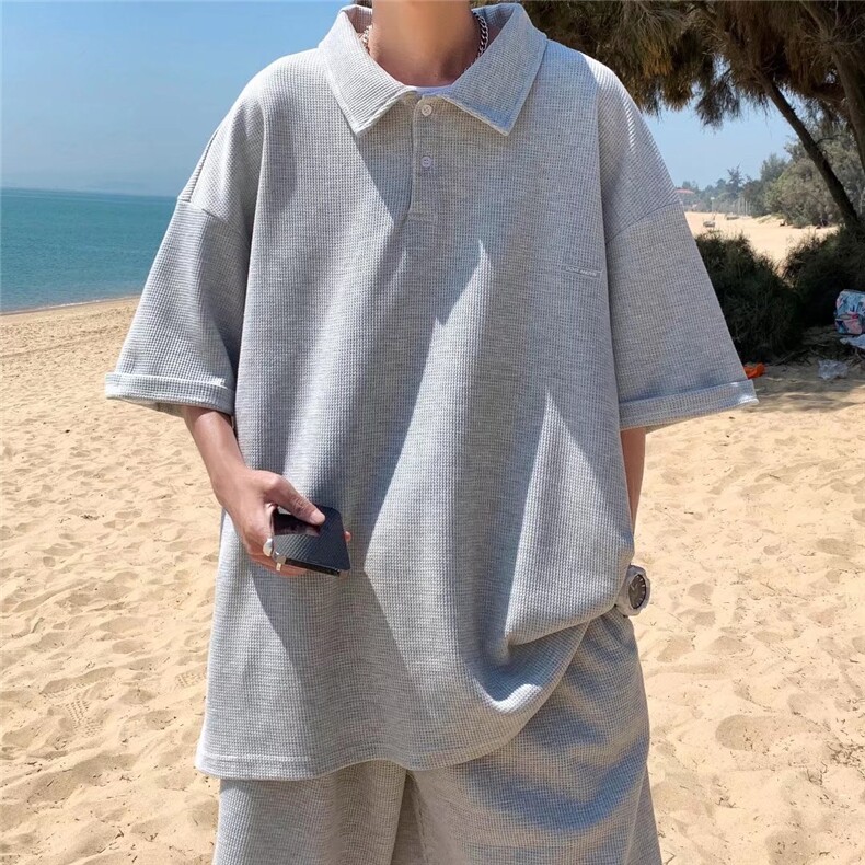 港风宽松polo衫运动短裤韩版潮流百搭华夫格套装两件套G50P38,男装休闲套装,星座1116-2