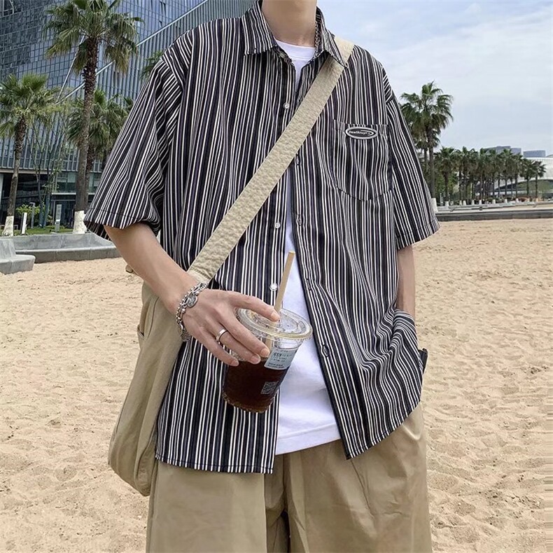 复古冰丝条纹短袖衬衫HC84P30,男装衬衫,星座1116-2