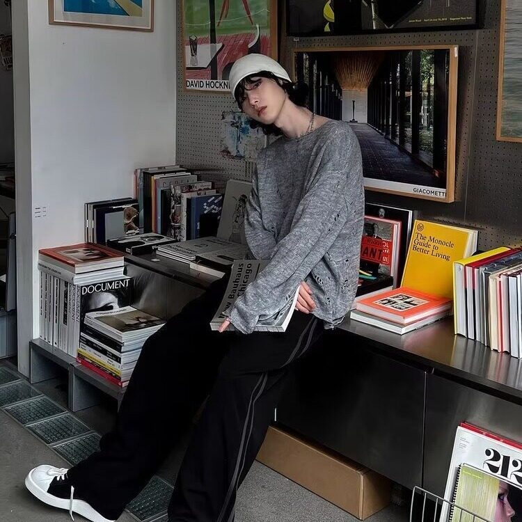 宽松慵懒破洞上衣防晒针织衫女小众毛衣秋季新款黑色镂空罩衫早秋,男装针织衫/毛衣,星座506A