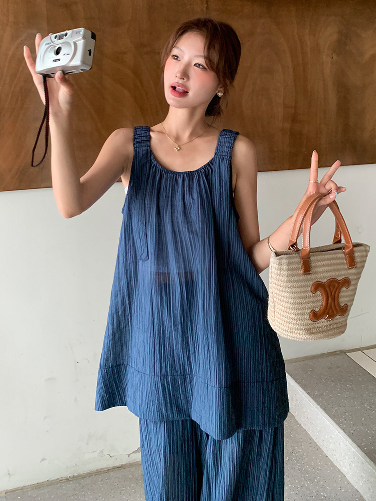 慵懒风宽松吊带上衣拖地阔腿裤套装女2025夏季新款简约休闲两件套,女装套装/套裙,浙宝305