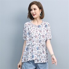 2021夏季新款时尚气质圆领宽松休闲舒适花色上衣，女装T恤，悦见她