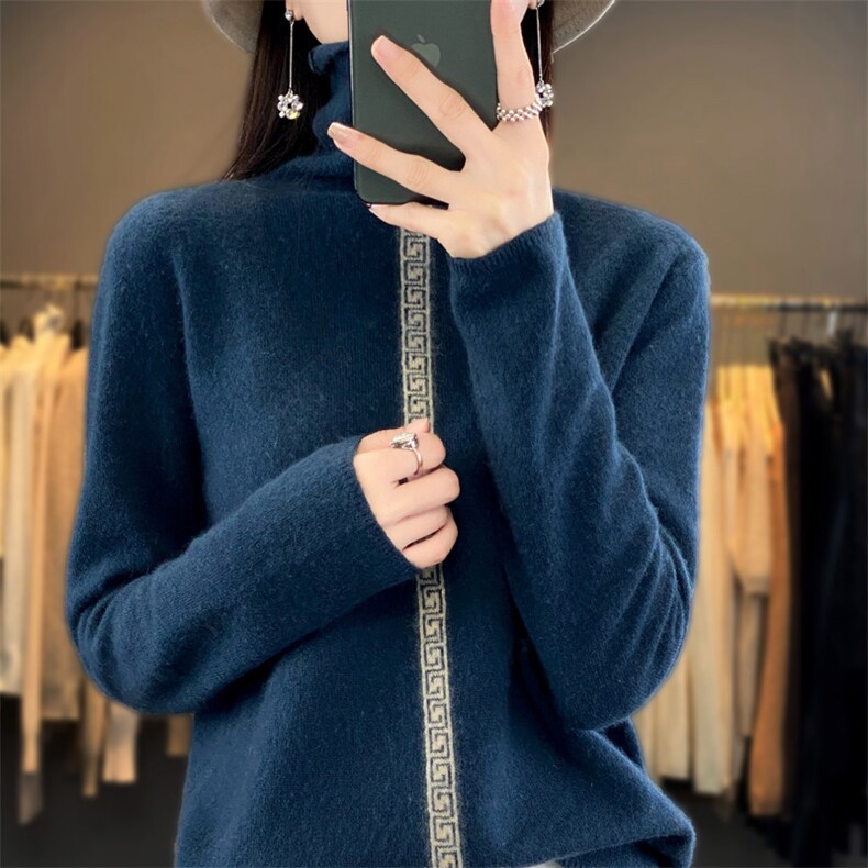 羊毛衫女秋冬新款堆堆高领宽松拼色针织内搭毛衣打底衫,女装羊毛衫,琳华羊绒