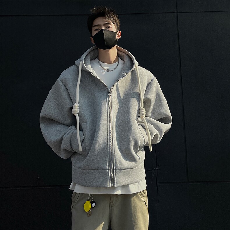 重磅500克手工编绳纯色连帽开衫卫衣cleanfin外套男H1053特P80,男装卫衣,电商A341