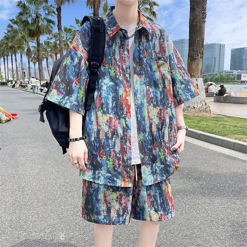 夏季海边沙滩男女同款休闲套装潮牌宽松大码XZ102B-1-TZ2566P55,男装休闲套装,星座102B-1