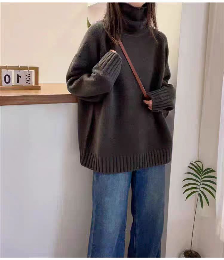 韩版宽松慵懒风高领加厚100%纯羊毛衫女长袖针织毛衣打底羊绒上衣,针织衫/毛衣,冀清阳荣