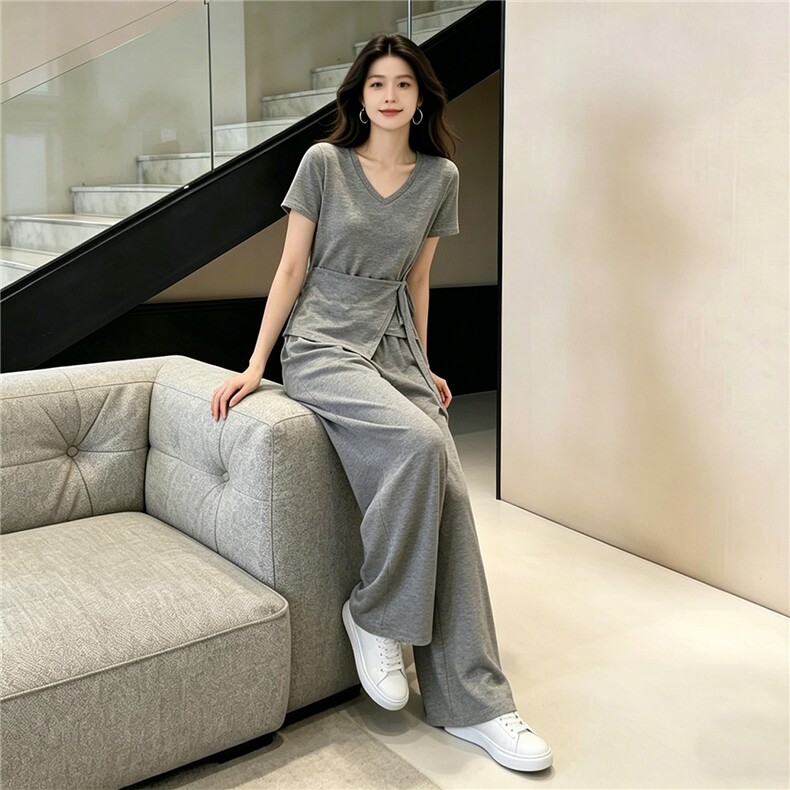 个性简约时尚套装女夏季新款蝴蝶结绑带设计短袖上衣阔腿裤两件套,女装套装/套裙,江南