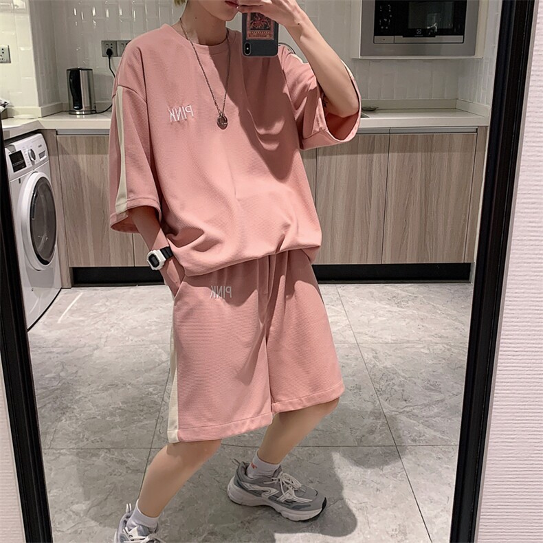 2026夏装华夫格拼接绣花休闲运动套装五分短裤TZ808/P65粉红色，男装休闲套装，电商A094