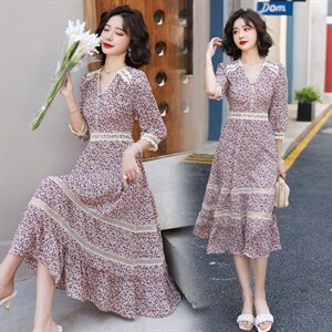 甜美蕾丝花边拼接荷叶边裙花色连衣裙2023年夏季,女装连衣裙,韩蜜菓