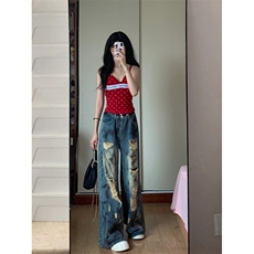 美式直筒破洞拖地牛仔裤男款夏季慵懒风微喇裤子宽松阔腿做旧长裤，男装牛仔裤，星座1116A（原606A-3）