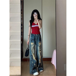 美式直筒破洞拖地牛仔裤男款夏季慵懒风微喇裤子宽松阔腿做旧长裤图片