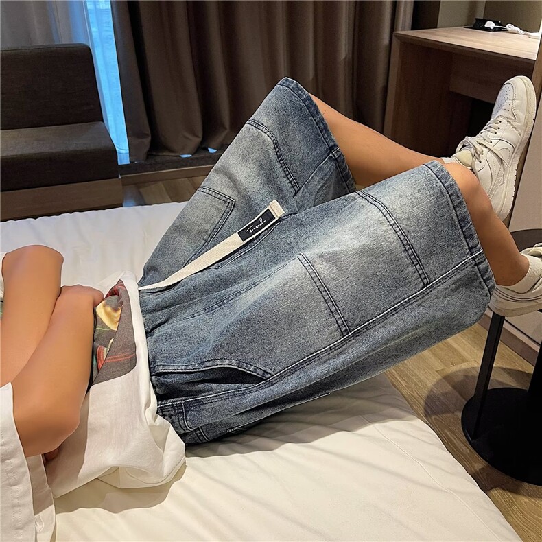 大口袋复古牛仔短裤男女夏季新款水洗做旧阔腿痞帅休闲中裤~D1841,男装牛仔裤,星座601-2