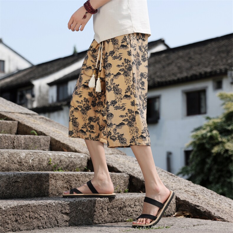 夏季超宽松七分裤棉麻潮流休闲裤风印花直筒A266-1-KZ770-P50，男装牛仔裤，电商A266-1