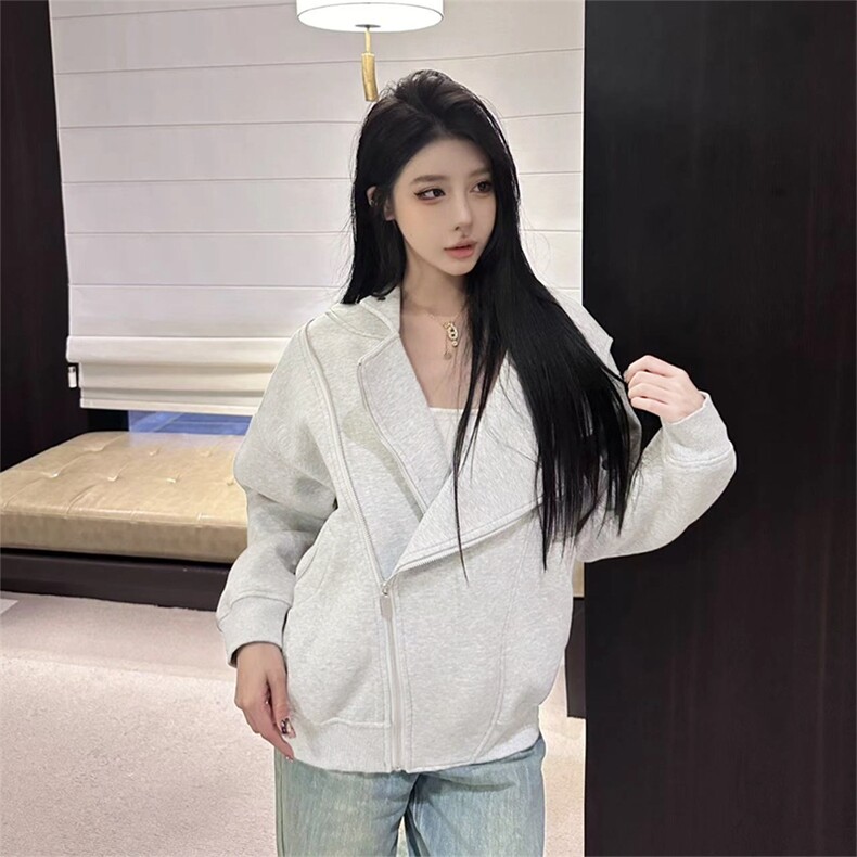 抖音得物品质26春装美式重磅结构斜拉链高领连帽卫衣开衫外套W61,女装短外套,电商A486