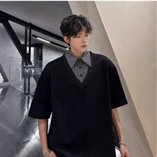 夏季拼接假两件短袖POLO衫男女潮牌宽松情侣休闲百搭T恤，男装T恤，星座715-4