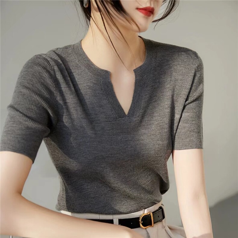 短袖女夏季薄款V领显瘦百搭修身型套头针织衫,针织衫/毛衣,美轩羊绒