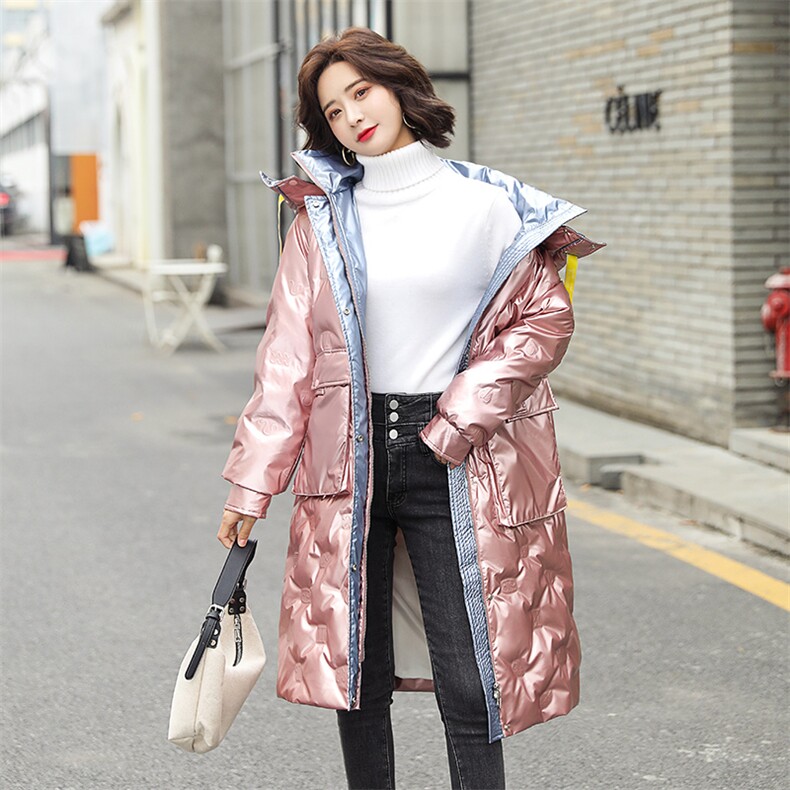 粉色亮面羽绒服女中长款2020冬季新款韩版白鸭绒连帽时尚加厚外套,女装羽绒服,笃写