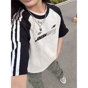 抖音得物品质二开240克宽松纯棉美式潮牌插肩三杠织带短袖T恤图片
