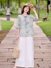 现货主推休闲时尚短袖套装女新款穿搭一整套新中式刺绣两件套，女装套装/套裙，韩蔻秀