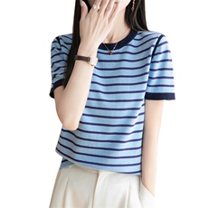 2025新款夏季拼色女圆领肩线条纹针织短袖T恤衫洋气小衫打底衫，女装T恤，秋双羊绒