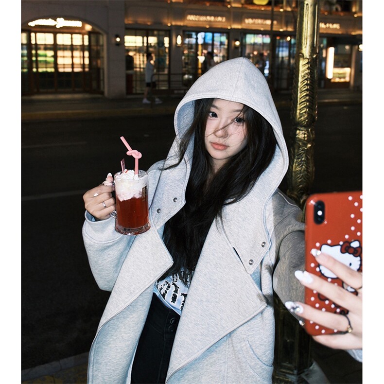 抖音得物品质26春装美式重磅结构斜拉链高领连帽卫衣开衫外套W61,女装短外套,电商A486