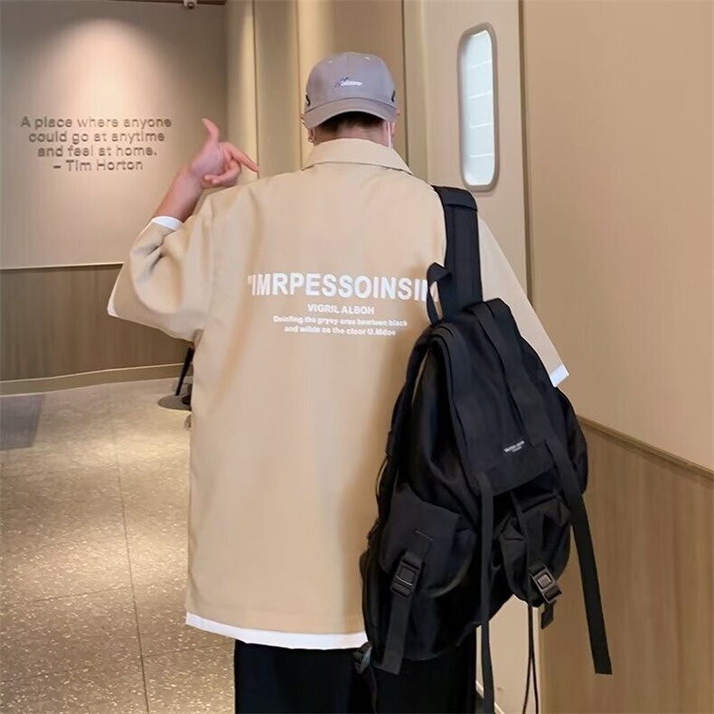 拼接工装衬衫男短袖潮牌痞帅宽松百搭衬衣夏季薄款半袖衣H301/P30,男装T恤,星座506