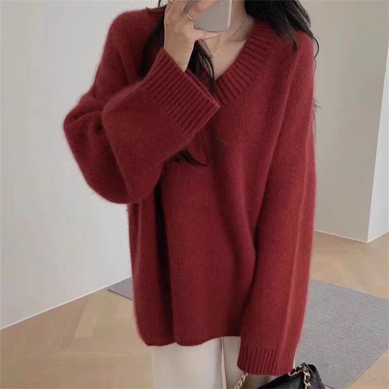 V领加厚100%纯羊毛衫女宽松慵懒风针织毛衣新年红打底羊绒衫上衣，女装羊毛衫，胜智羊绒