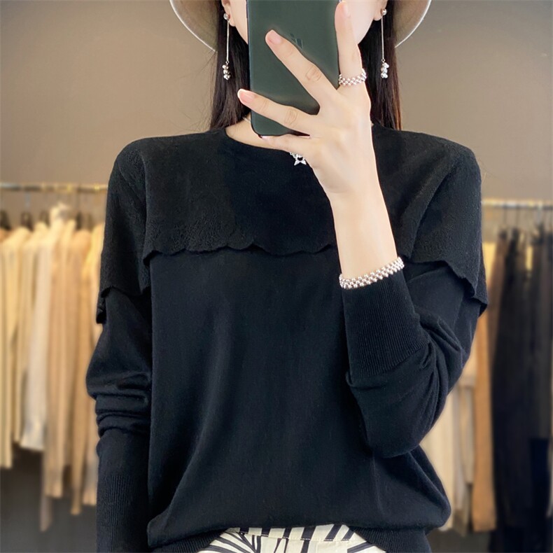 时髦洋气减龄圆领长袖精纺打底衫上衣女纯色气质休闲小衫针织毛衣,女装羊毛衫,宛庄羊绒