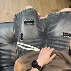 破洞牛仔短裤男款夏季薄款港风复古水洗渐变中裤高街休闲五分裤子，男装牛仔裤，星座1006
