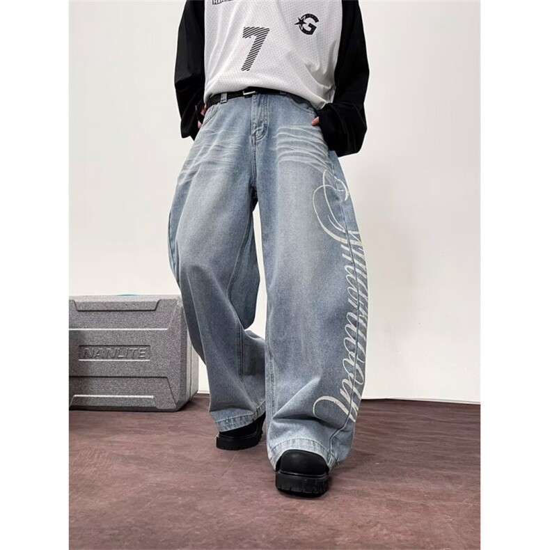 复古拼接工装牛仔裤男生宽松高街阔腿直筒长裤1001-1-FN429-P52,男装牛仔裤,星座1001-1