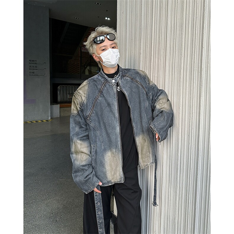 立领拉链重工拼接水洗做旧有垫肩牛仔夹克外套男宽松JK08962-P90,男装夹克,星座308B-2