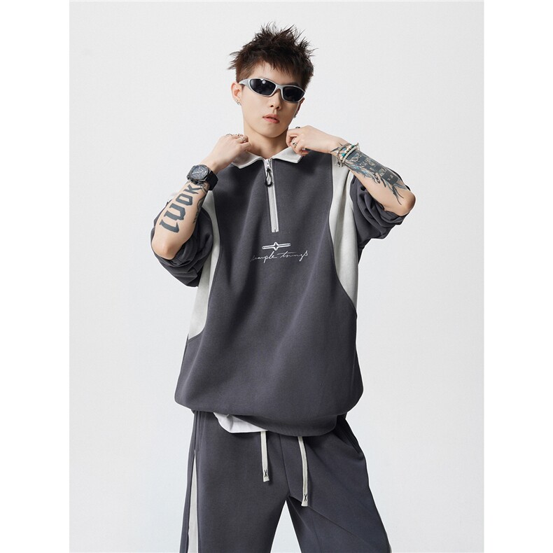 扎染撞色拼接休闲运动套装男款秋冬季半拉链POLO衫卫衣裤子两件套，男装休闲套装，电商B370