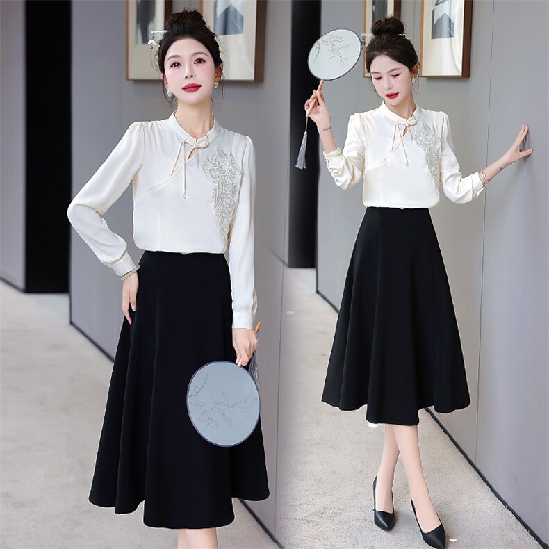 现货2024春季时尚复古盘扣优雅收腰显瘦A字摆半裙百搭潮流两件套，女装套装/套裙，时尚俏佳人