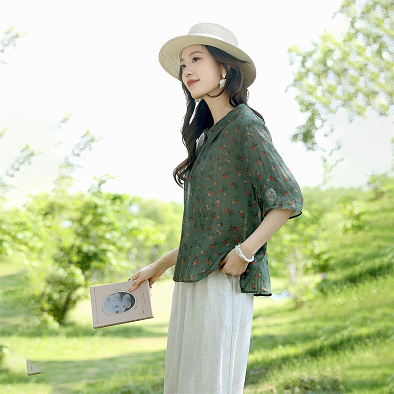 2025夏季新款碎花小衫复古宽松短袖女娃娃领上衣高级感减龄衬衫潮,女装衬衫,凝聚力