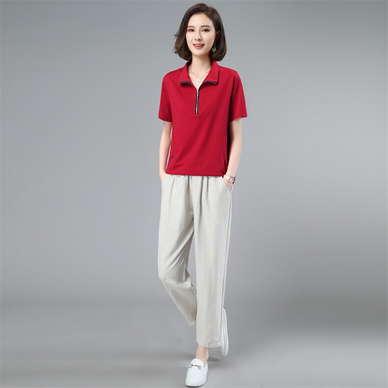 新款中年妈妈夏装减龄棉宽松半拉链高领套装，,女装套装/套裙,涵誉