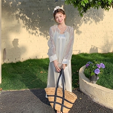 米白色新中式套装裙女2025夏季绣花防晒罩衫顺滑垂感吊带裙两件套，女装套装/套裙，2C009