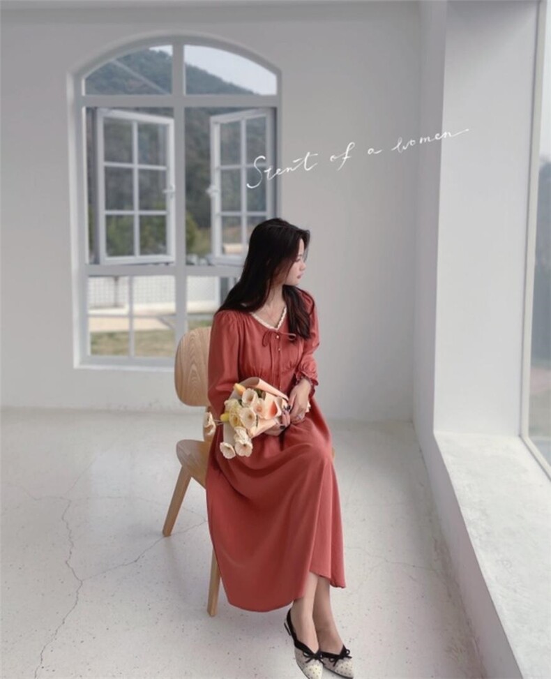 2022春季系带小V领收腰显瘦中长款韩版连衣裙,女装连衣裙,德咔俪