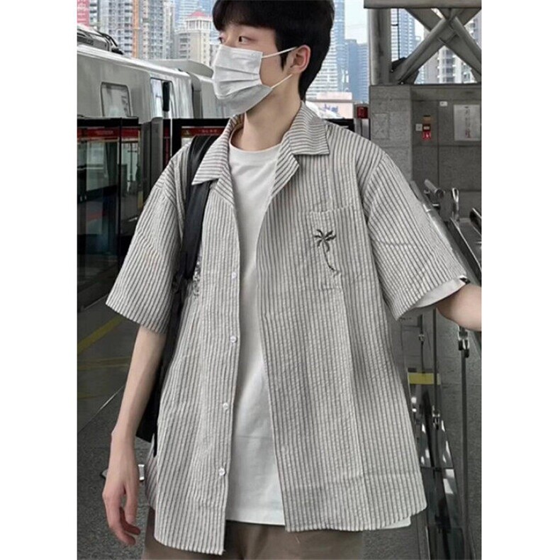 条纹半袖衬衫男士夏季新款日系复古短袖衬衣宽松休闲外套CB336,男装T恤,星座1116A（原606A-3）