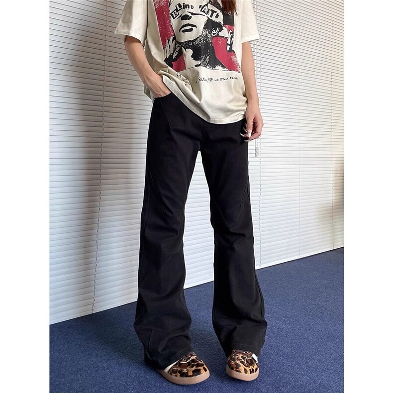 N1044水洗棉皱褶微喇解构设计微弹微喇叭直筒牛仔裤男女同款，女装牛仔裤，星座506A