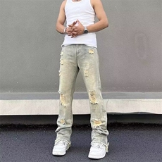 水洗黄泥染窄版毛边破洞牛仔裤男款百搭直筒显瘦显高堆积感长裤潮，男装牛仔裤，星座506A