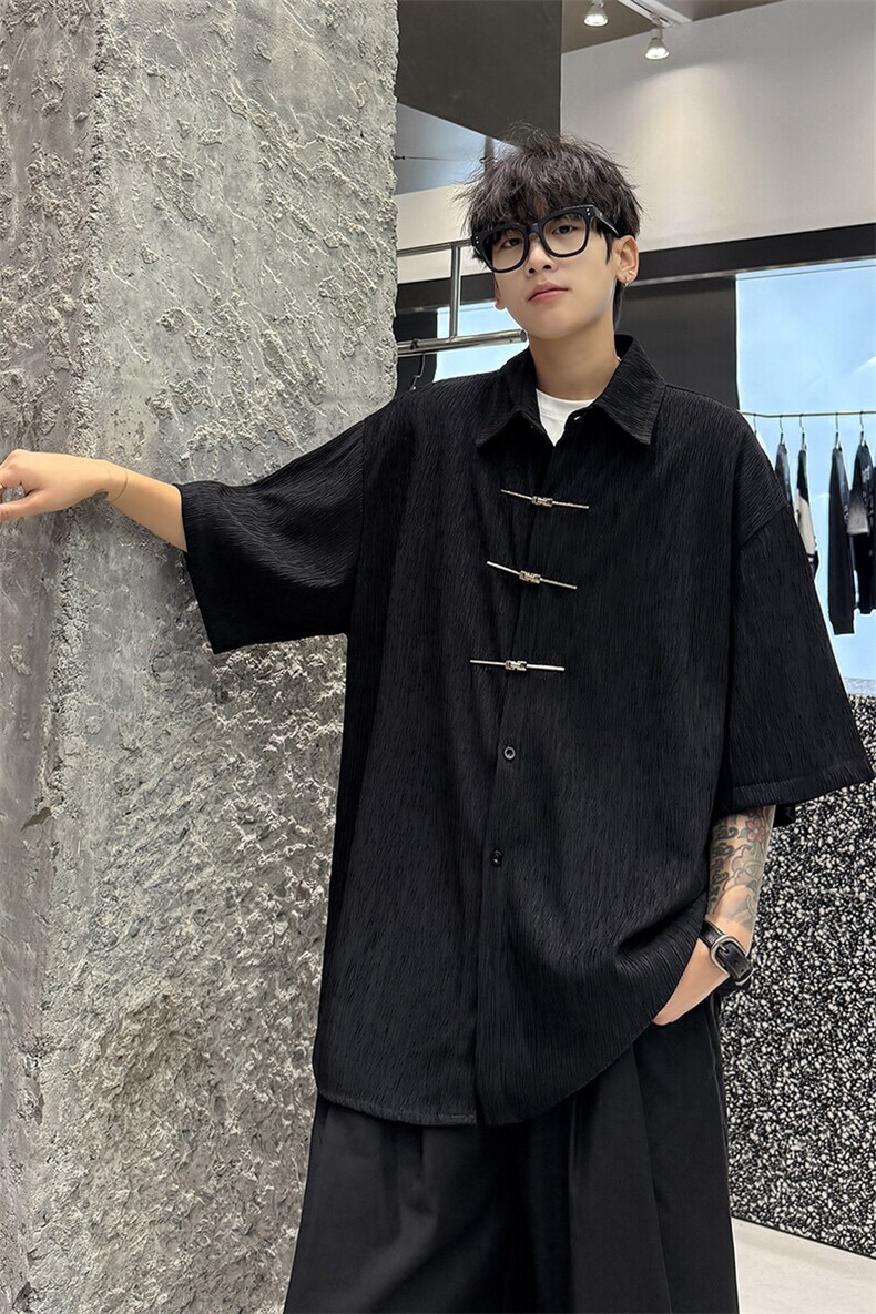 手缝飞机扣新中式冰丝短袖衬衫大码高级感唐装衬衣外套DC5009/P50,男装衬衫,电商B238