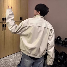 JK163-P67复古PU皮机车夹克男士短款早秋季宽松廓形宽垫肩立领，男装夹克，电商B323A