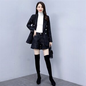 清仓春秋新款女装时髦格子毛呢小西装外套百搭短裤呢子图片