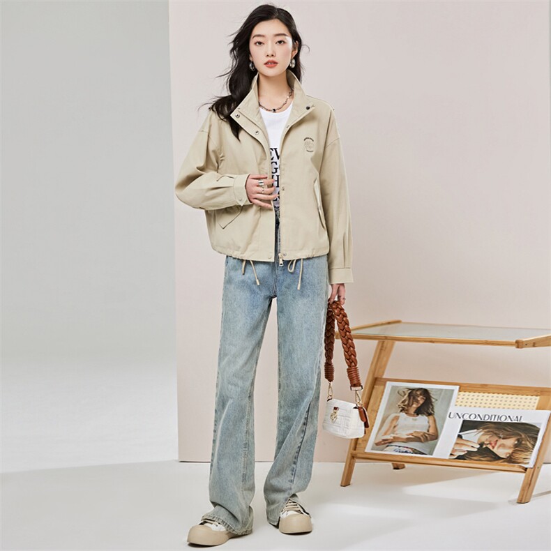 短款外套女2023年春季新款韩版宽松百搭插肩袖立领风衣夹克上衣,女装短外套,辉之琳