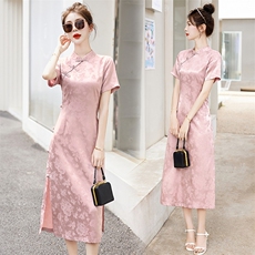 中式盘扣旗袍短袖连衣裙女2025夏季新款气质优雅长裙，女装连衣裙，关键词